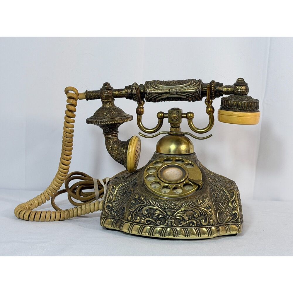 VTG Onyx Brass Baroque Queen Victorian Rotary Telephone Ornate Cameo Untested